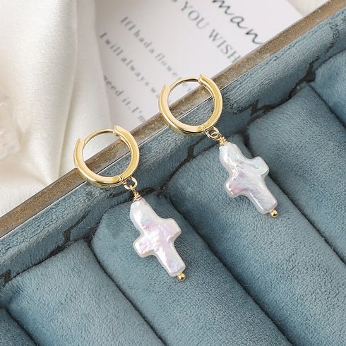 Cross Pearl Hoop Earrings - May-Lynn Jewelry